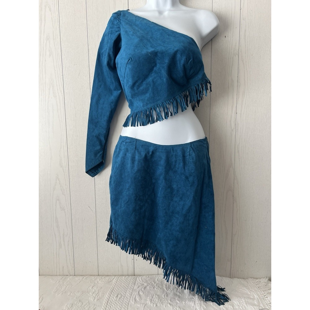 Vintage Y2K Teal Suede Two Piece Fringe Skirt Dress Top Asymmetrical Handmade